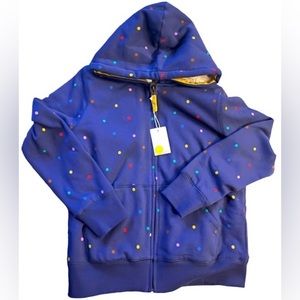 Boden NWT Blue with polka dot rainbow jacket with sherpa interior size 11-12